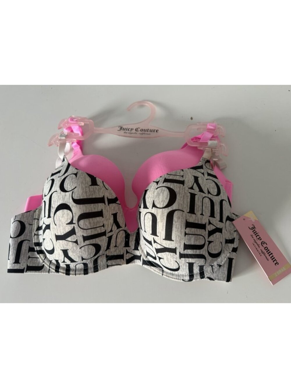 2 Pack Juicy Couture Bra Set Sleek & Smooth Logo Grey Pink JC5149 Sz 34C NEW